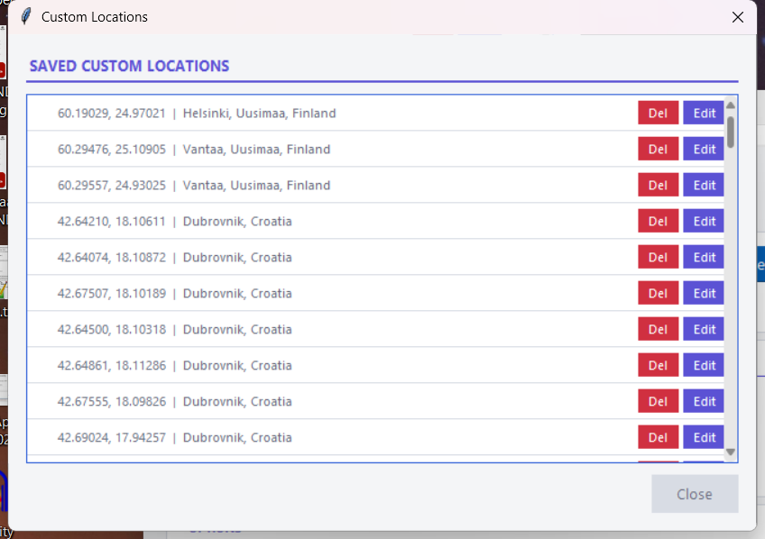 Custom Locations dialog