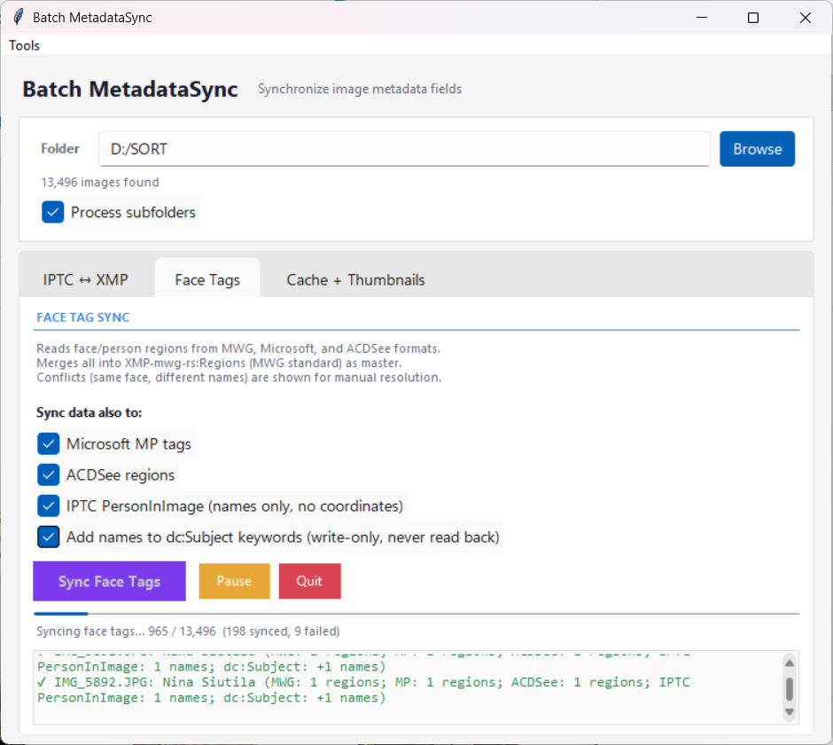 Batch MetadataSync — Face Tags tab