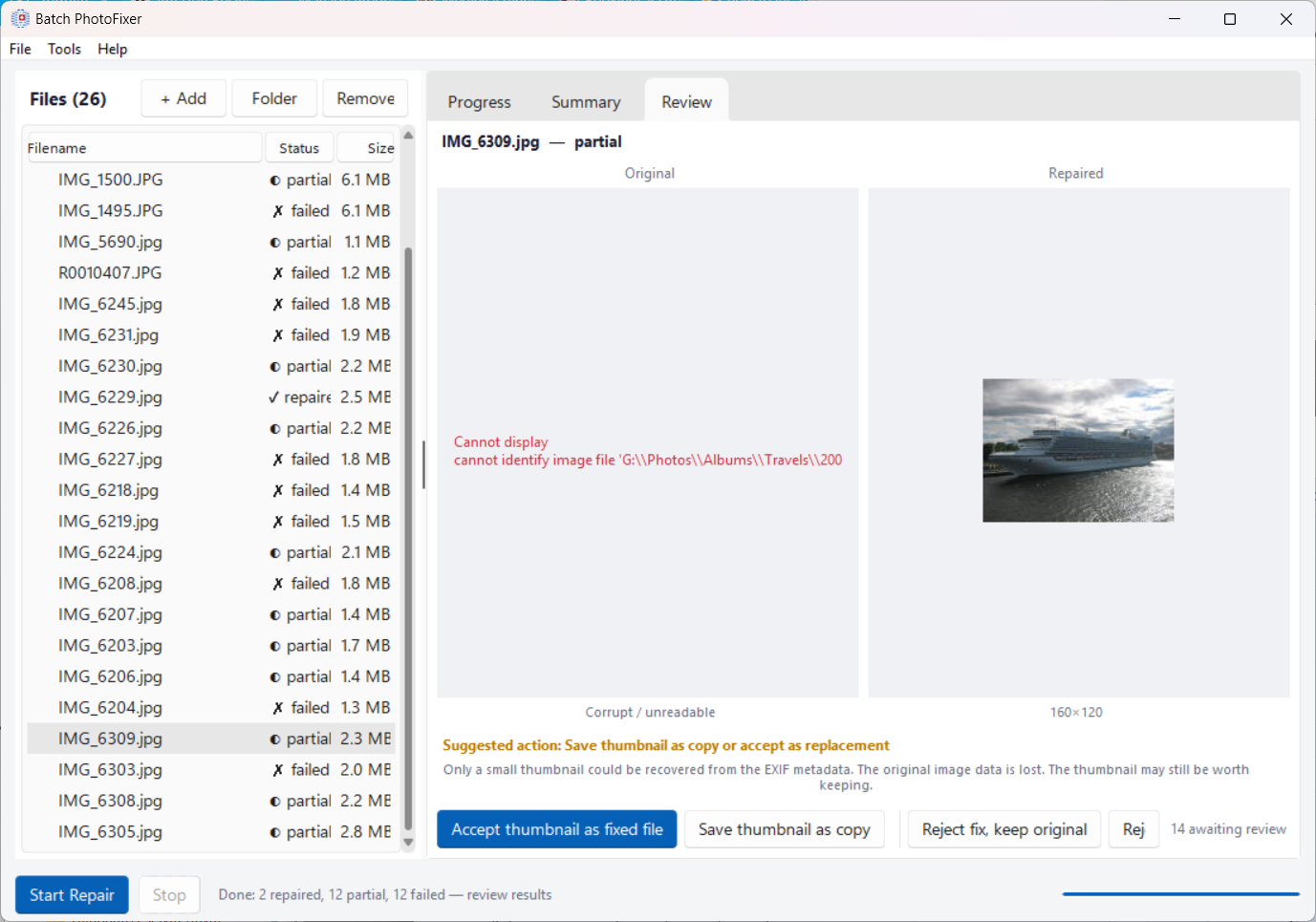 Batch PhotoFixer — Review tab with side-by-side comparison