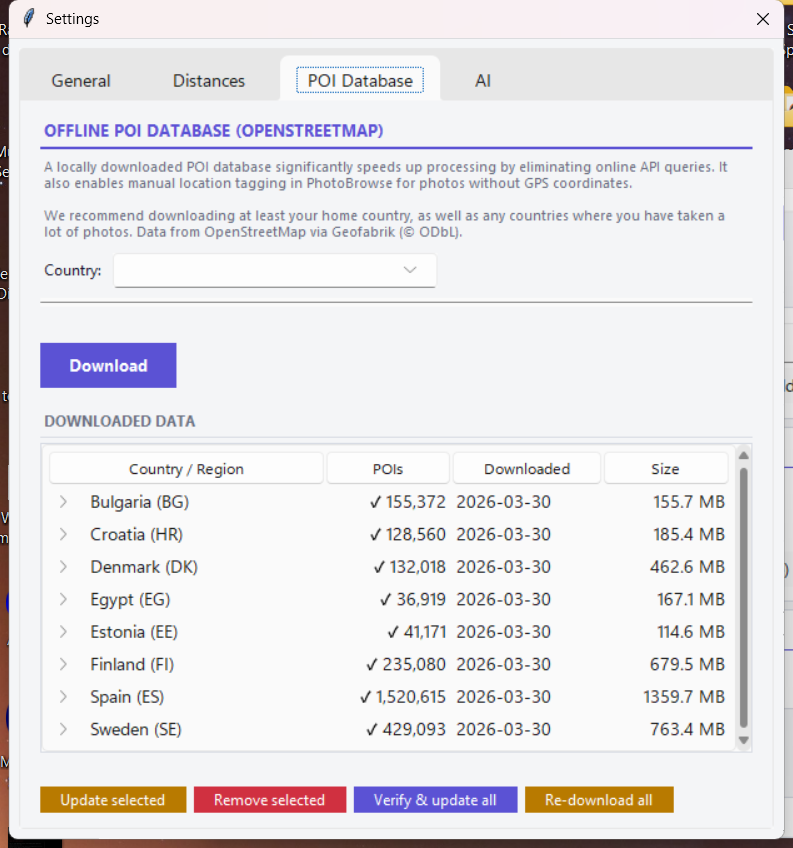 Settings — POI Database tab