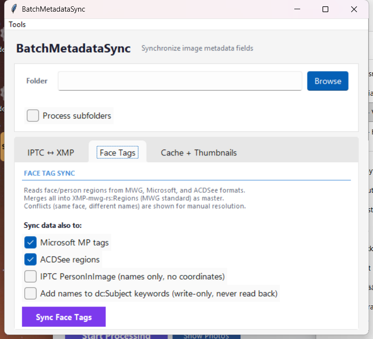 Batch MetadataSync — Face Tags tab