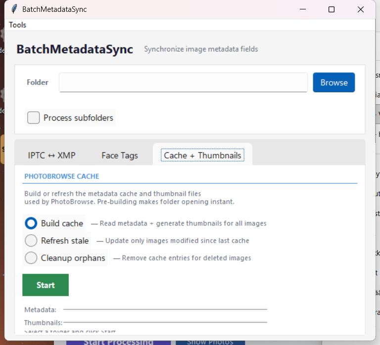 Batch MetadataSync — Cache + Thumbnails tab