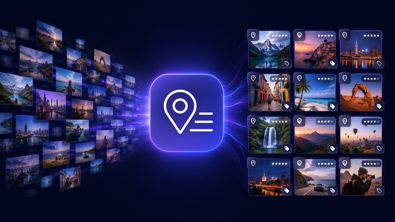 Batch PhotoTools — a stream of photos flows through the app and comes out organized with location, rating and keyword tags