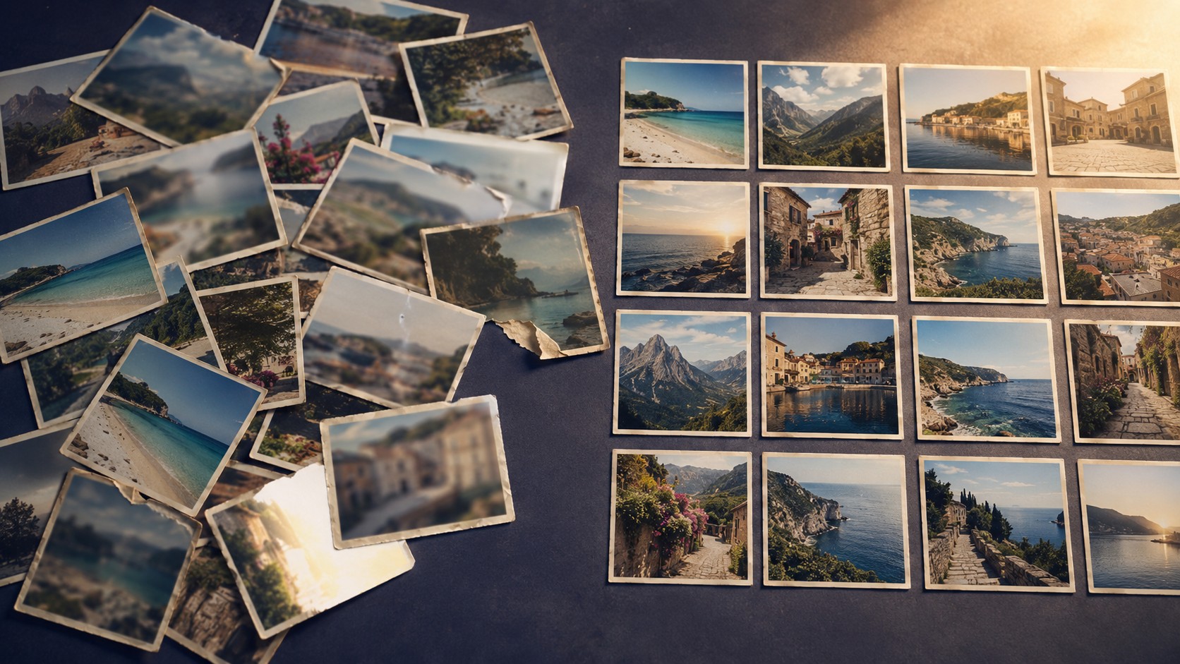 A pile of duplicated, blurred and torn photographs on the left resolving into one clean grid on the right