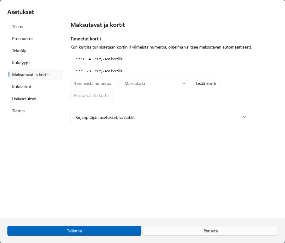Asetukset → Maksutavat ja kortit