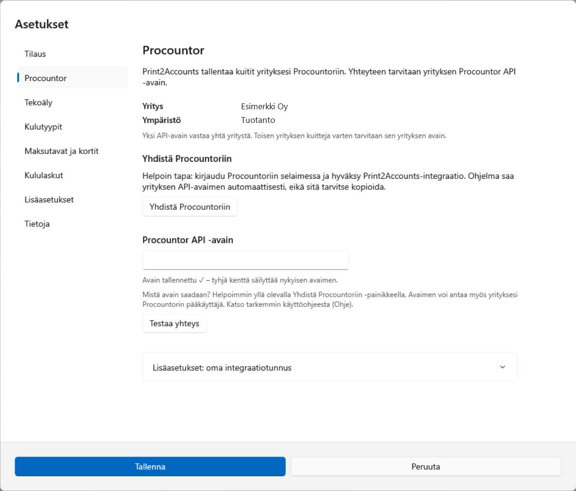 Asetukset → Procountor: yritys ja ympäristö, Yhdistä Procountoriin -painike ja Procountor API -avaimen kenttä