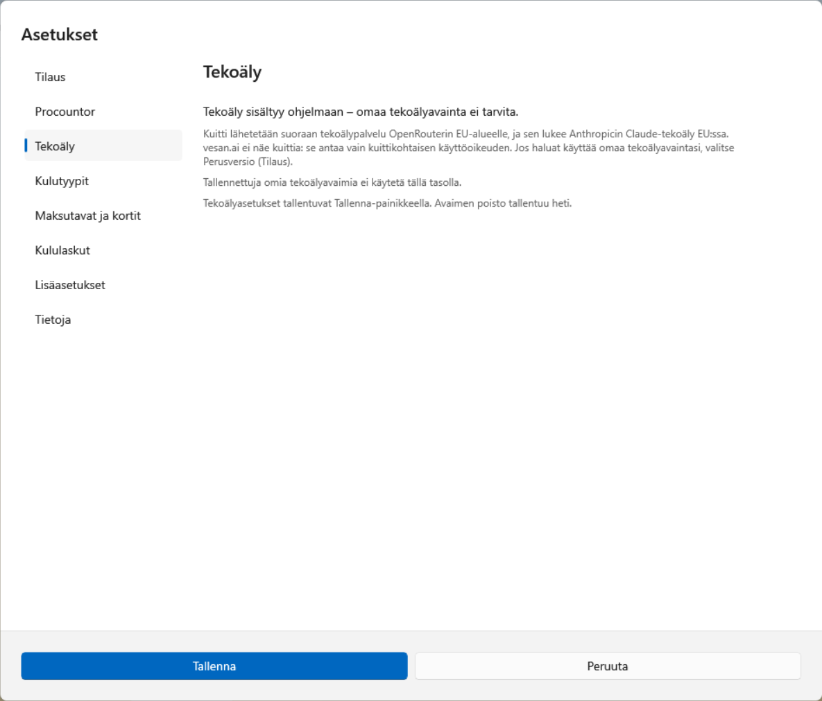 Asetukset → Tekoäly, Ilmainen versio