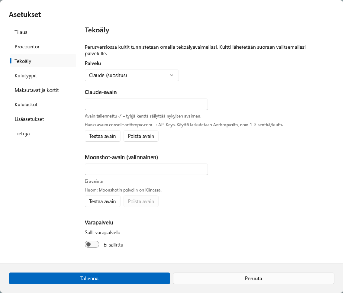Asetukset → Tekoäly, Perusversio