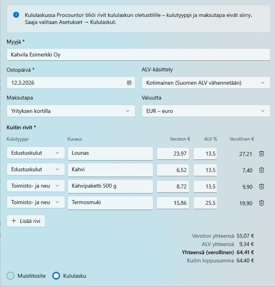 Kululasku valittuna