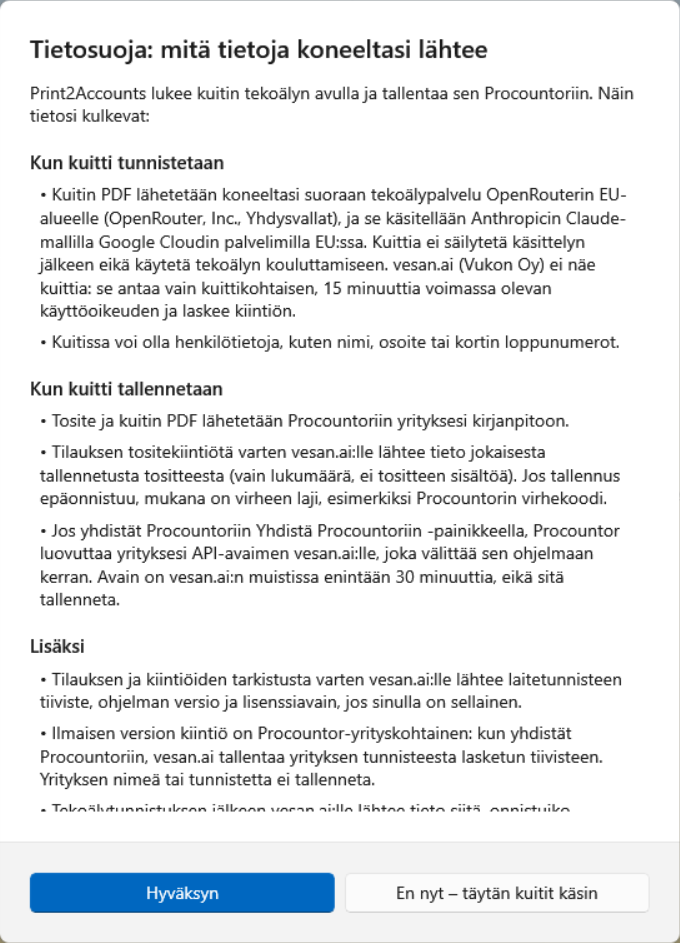 Ilmaisen version tietosuojailmoitus: kuitin PDF lähetetään koneelta suoraan OpenRouterin EU-alueelle, ja vesan.ai antaa vain kuittikohtaisen käyttöoikeuden